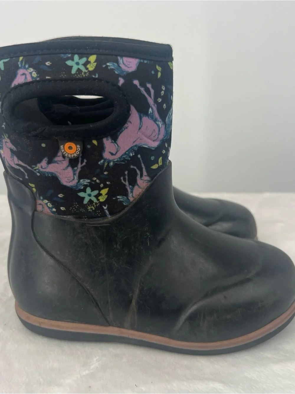 Bogs Kids Black Rain Boots with Purple Unicorns and Blue Floral Accents